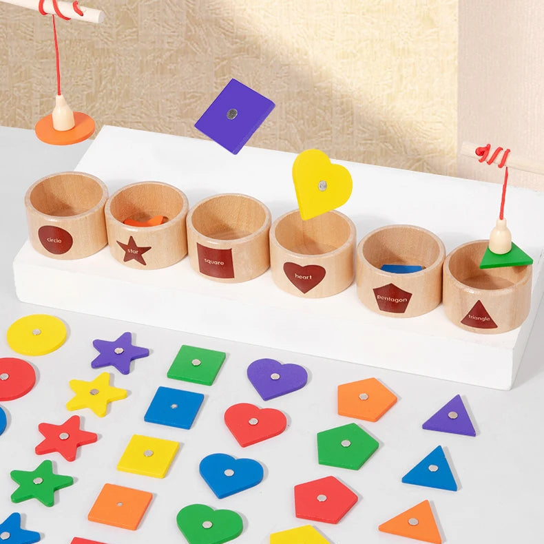Montessori Magnetic Fishing & Sorting Wooden Toy – Educational Color & Shape Matching Game for Kids - Kid Zone