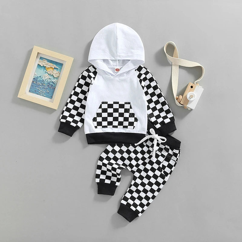 Baby Boy Winter Clothes – Long-Sleeve Plaid Hoodie 2-Piece Outfit - Kid Zone