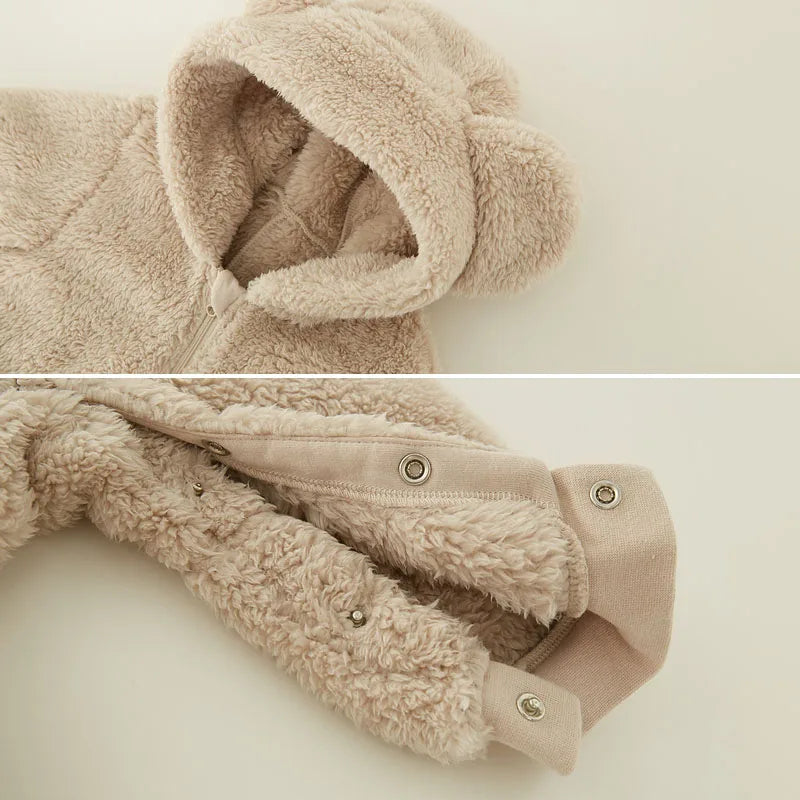 جمبسوت دافئ للأطفال – قماش فلانيل مع قبعة | ملابس منزلية وخريفية وشتوية للمواليد والأطفال