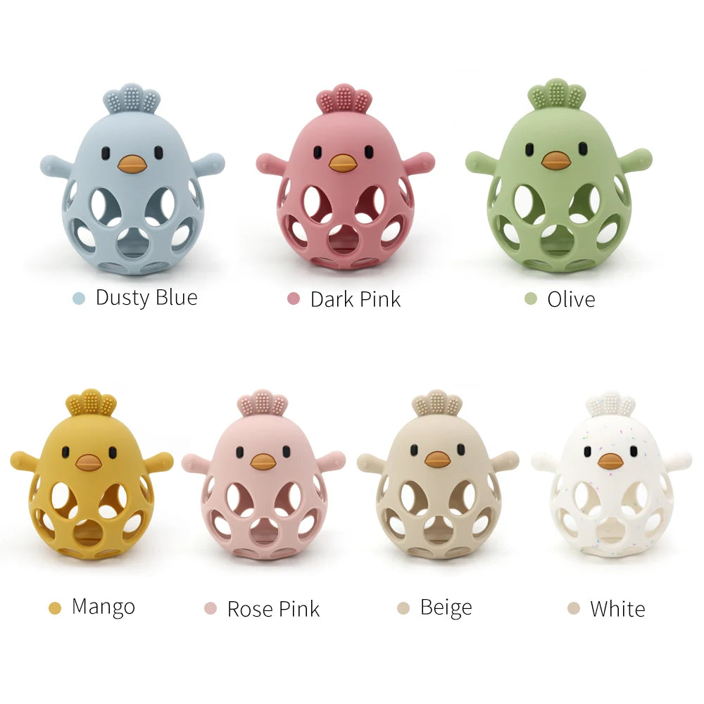 Colorful chicken-shaped silicone baby toys in blue, pink, green, yellow, beige, and white