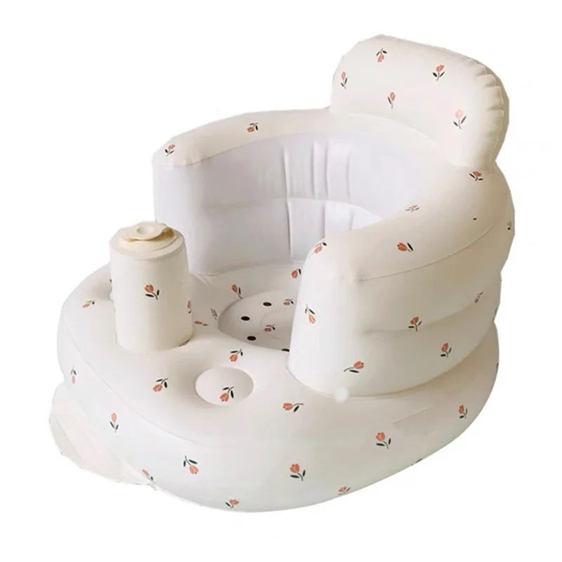 Inflatable baby seat with backrest and floral print for safe play and comfort