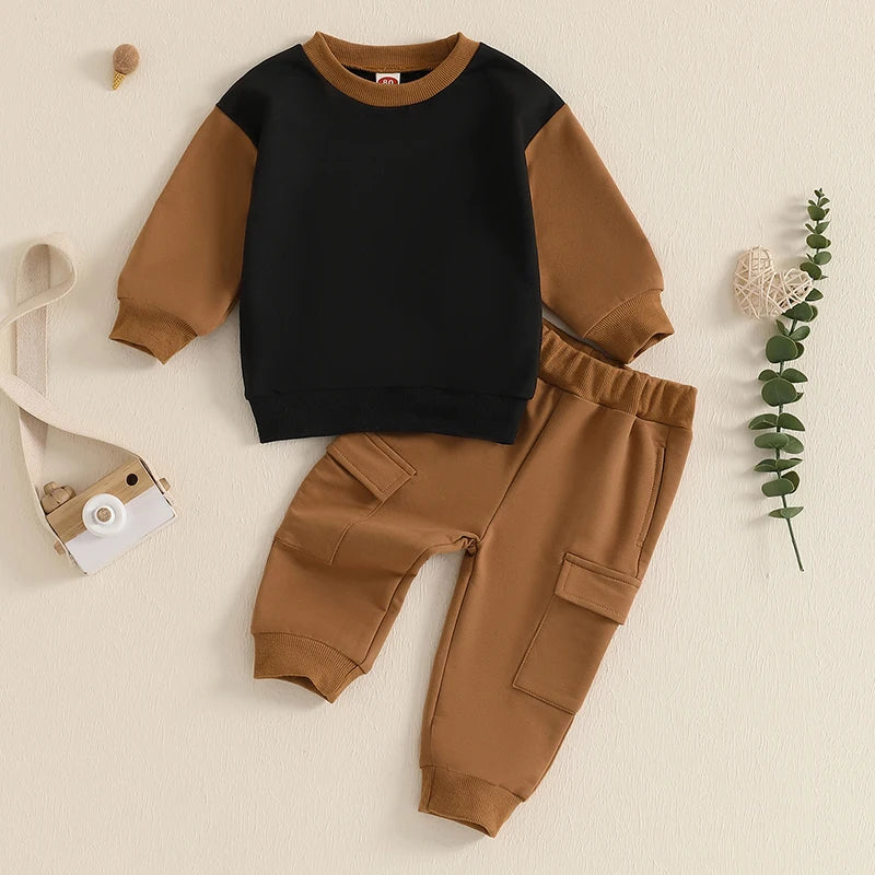 Cool Baby Boy Clothes – Fall Contrast-Color Sweatshirt & Cargo Pants Set - Kid Zone