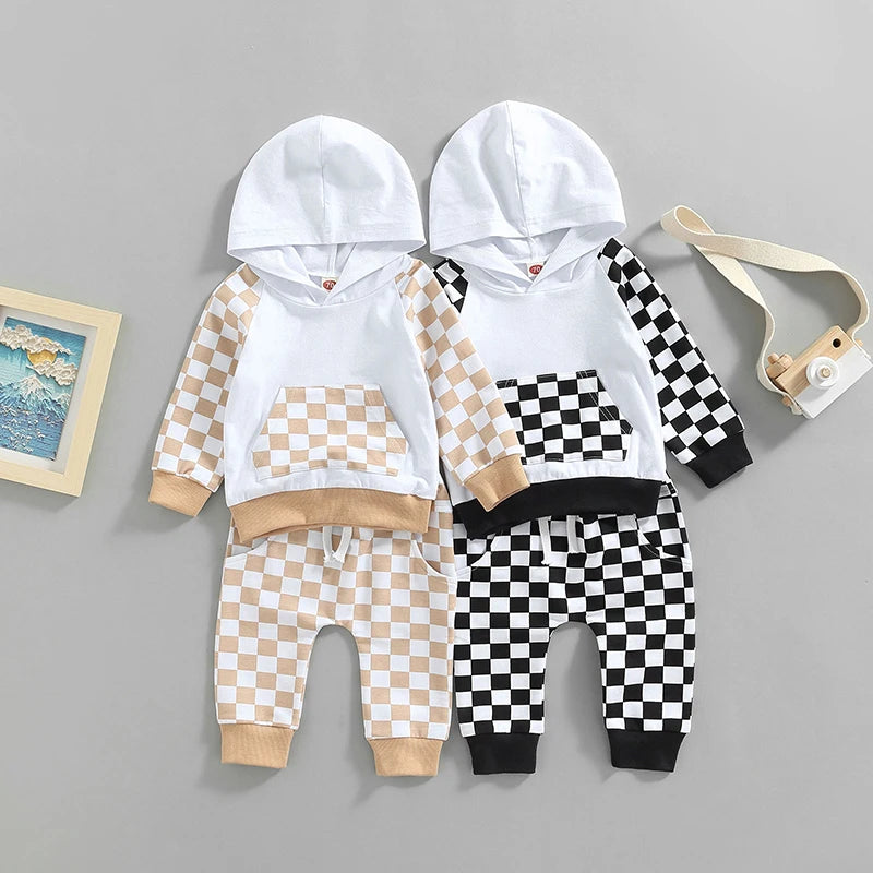 Baby Boy Winter Clothes – Long-Sleeve Plaid Hoodie 2-Piece Outfit - Kid Zone
