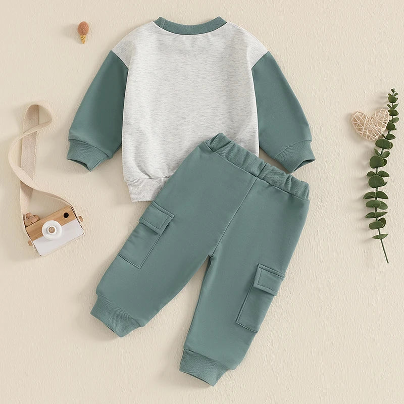 Cool Baby Boy Clothes – Fall Contrast-Color Sweatshirt & Cargo Pants Set - Kid Zone