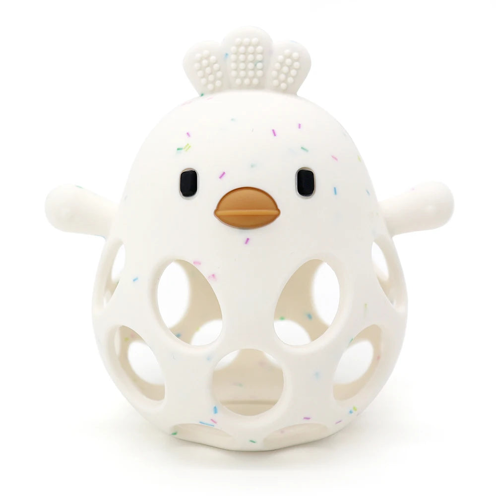 Cute white baby chicken toy with holes, sprinkled pattern, ideal for early learning play