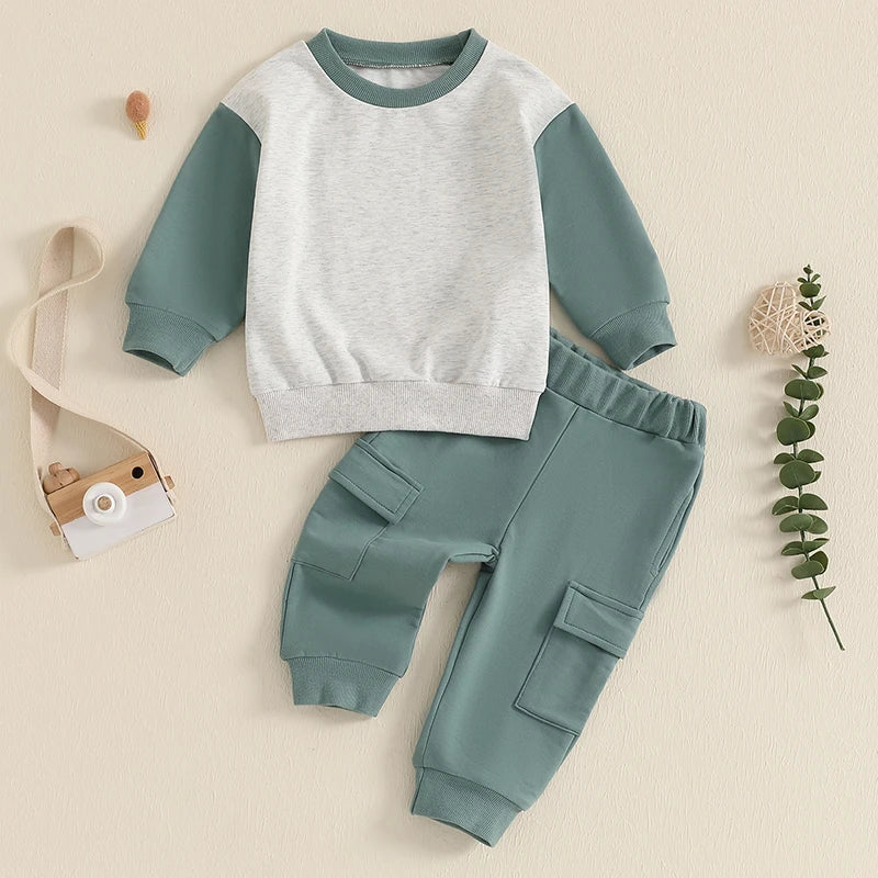 Cool Baby Boy Clothes – Fall Contrast-Color Sweatshirt & Cargo Pants Set - Kid Zone