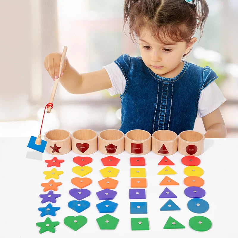 Montessori Magnetic Fishing & Sorting Wooden Toy – Educational Color & Shape Matching Game for Kids - Kid Zone