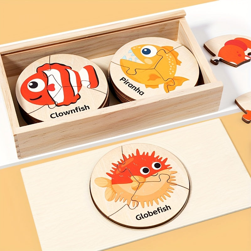 36-Piece Wooden Ocean Puzzle – Round Montessori Board for Toddlers - Kid Zone