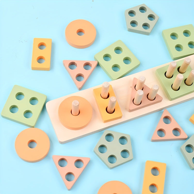 Wooden Shape Stacking Peg Set – Colorful Geometric Sorting Toy for Toddlers - Kid Zone