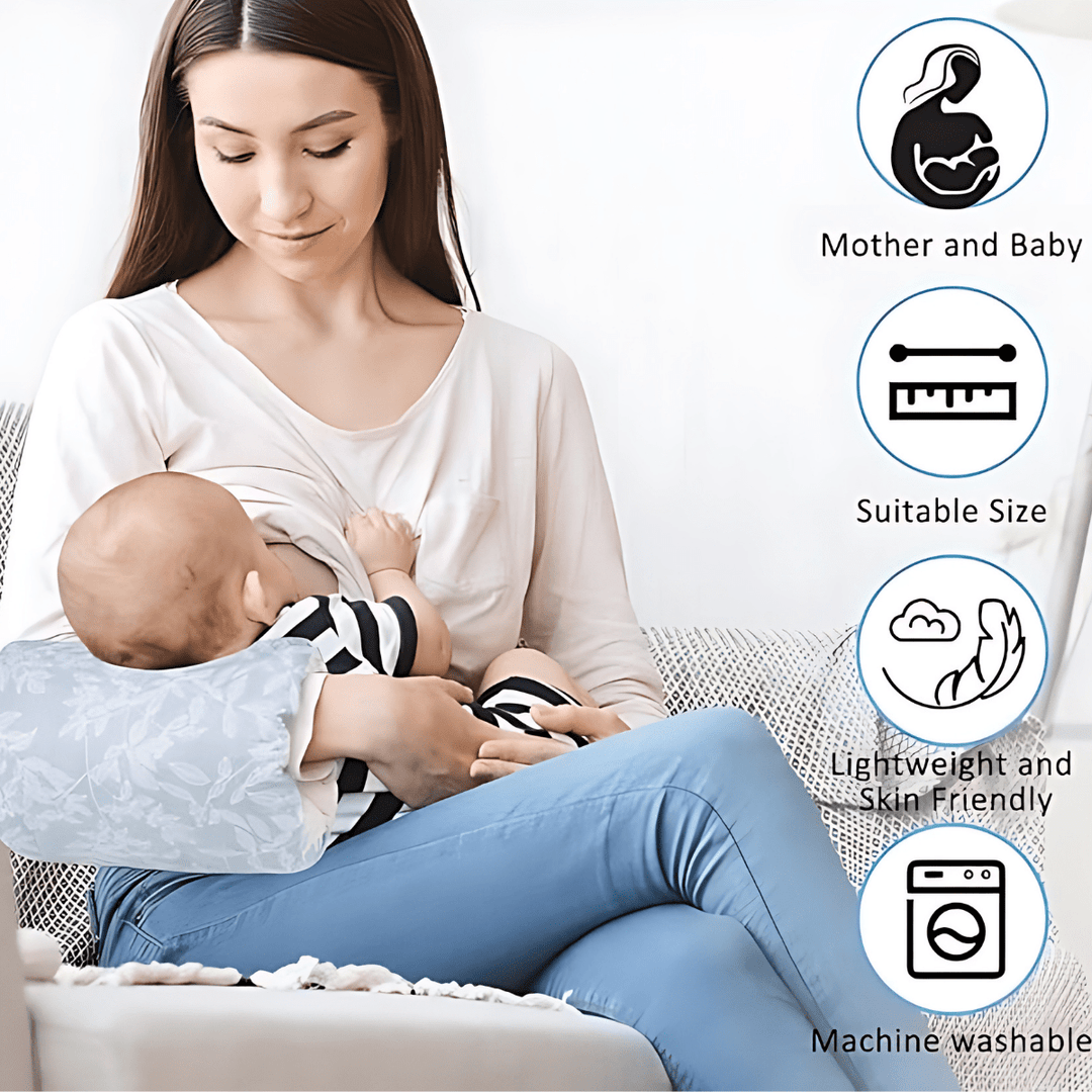 Mother breastfeeding baby using a soft arm pillow, comfort and lightweight, Kid Zone essentials.