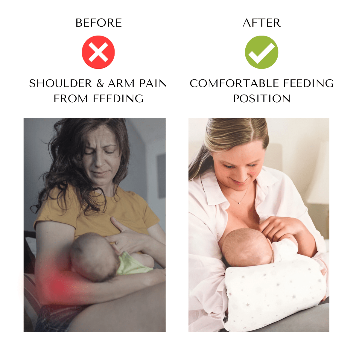 Before and after baby feeding arm pillow comparison showing reduced arm pain and improved comfort for mothers, Kid Zone baby essentials
