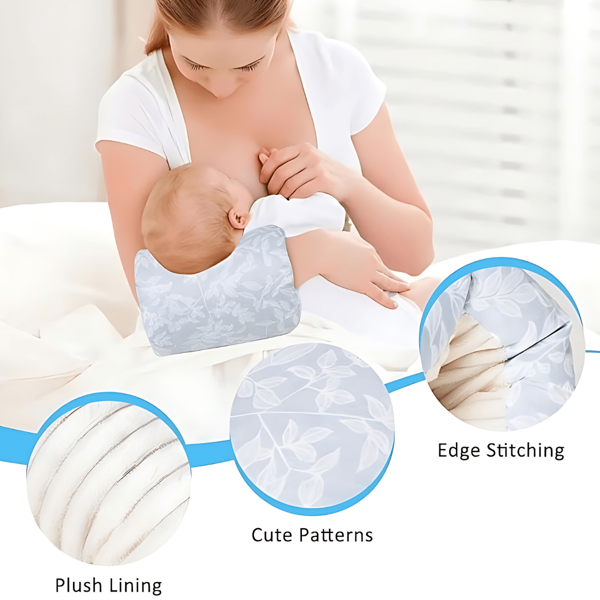 Mother breastfeeding baby using floral baby feeding arm pillow with plush lining and edge stitching, Kid Zone essentials.