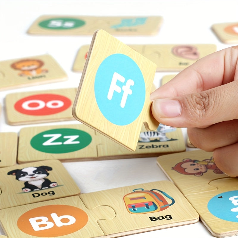 Montessori Wooden Alphabet Puzzle – ABC Learning Game for Kids with Animals & Food Words - Kid Zone