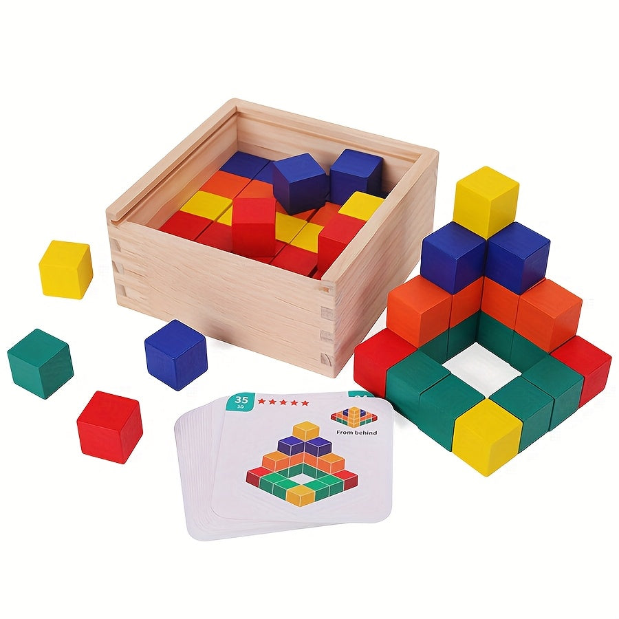 3D Wooden Geometric Building Blocks Set – 50-Piece Educational Toy - Kid Zone