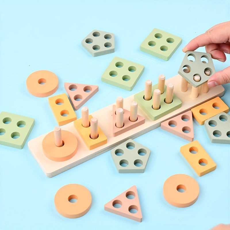 Wooden Shape Stacking Peg Set – Colorful Geometric Sorting Toy for Toddlers - Kid Zone