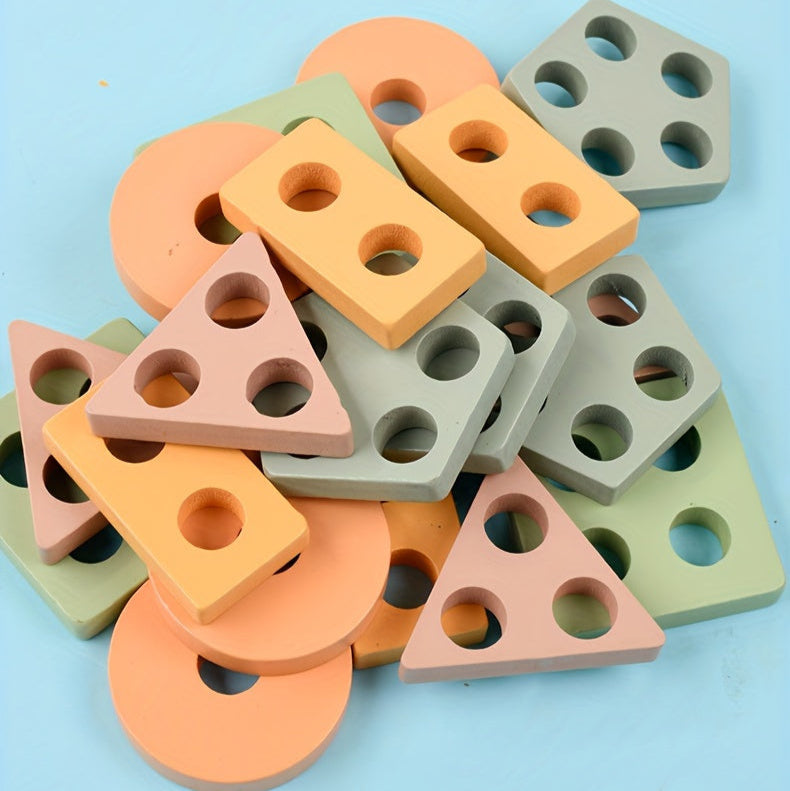 Wooden Shape Stacking Peg Set – Colorful Geometric Sorting Toy for Toddlers - Kid Zone