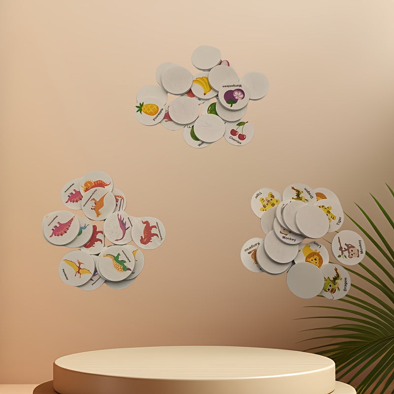 Montessori Wooden Memory Matching Game – Animals, Fruits & Dinosaurs Cards for Kids & Family - Kid Zone