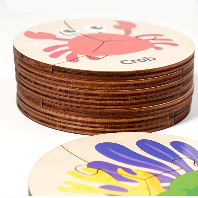36-Piece Wooden Ocean Puzzle – Round Montessori Board for Toddlers - Kid Zone