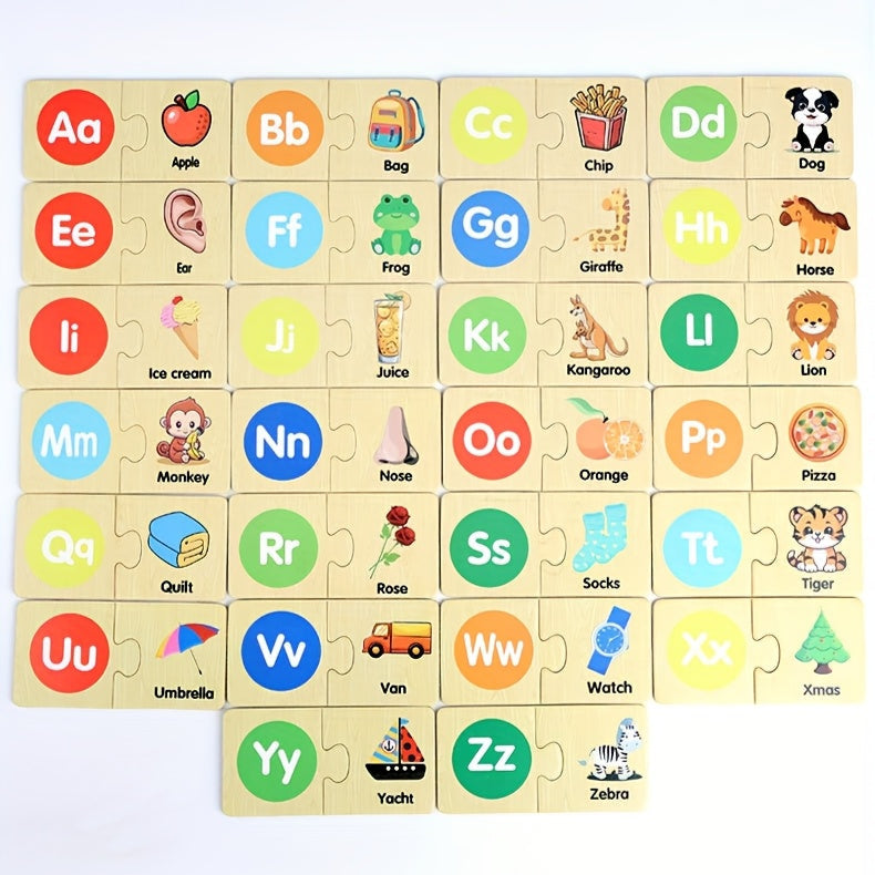 Montessori Wooden Alphabet Puzzle – ABC Learning Game for Kids with Animals & Food Words - Kid Zone