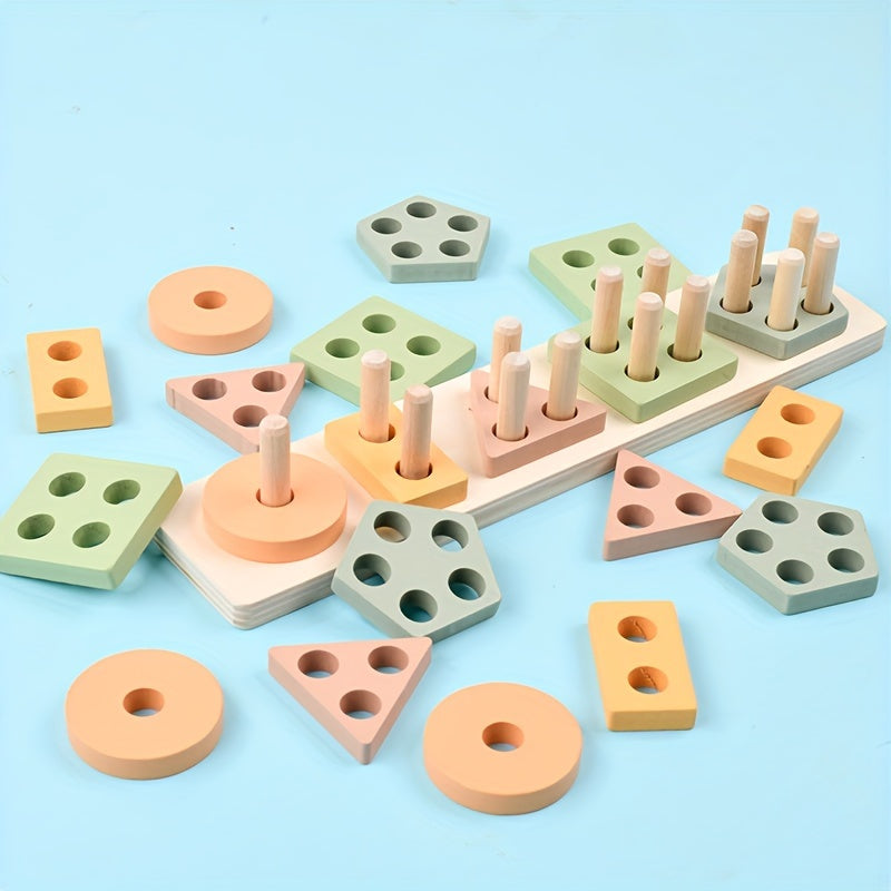 Wooden Shape Stacking Peg Set – Colorful Geometric Sorting Toy for Toddlers - Kid Zone