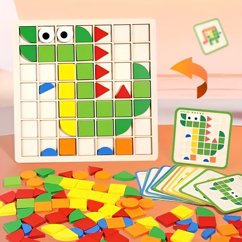 Complete Wooden Puzzle Set – 49 Grid Board + 20 Double-Sided Cards + 120 Colorful Pieces - Kid Zone