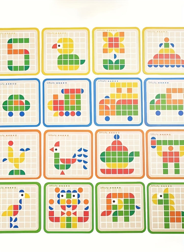 Complete Wooden Puzzle Set – 49 Grid Board + 20 Double-Sided Cards + 120 Colorful Pieces - Kid Zone