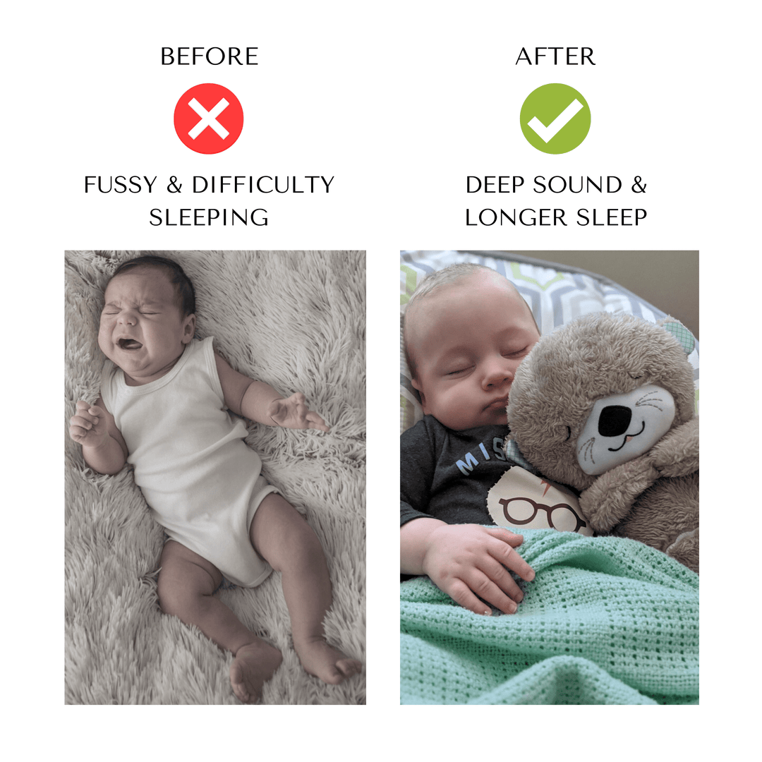 Before and after comparison showing a crying baby and a sleeping baby cuddling a plush otter calming toy.