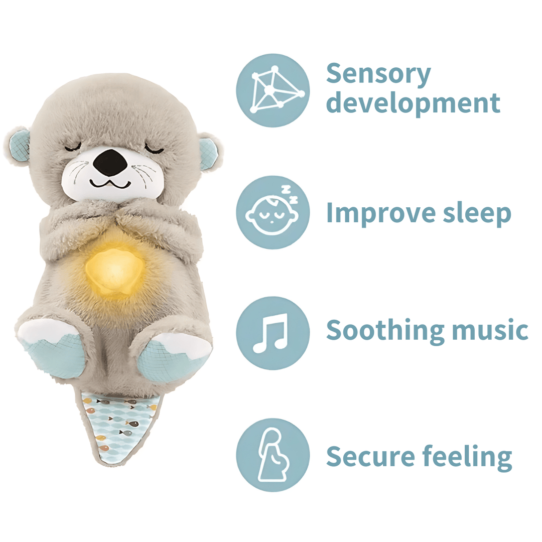 Calming plush otter baby toy with glowing belly, promotes sensory development, sleep, and comfort