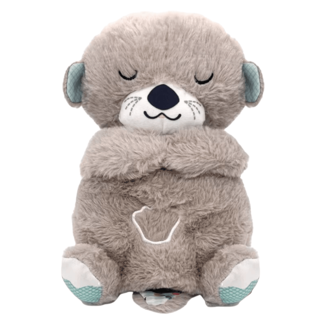 Plush otter calming toy for babies, soft gray fur, closed eyes, Kid Zone baby essentials